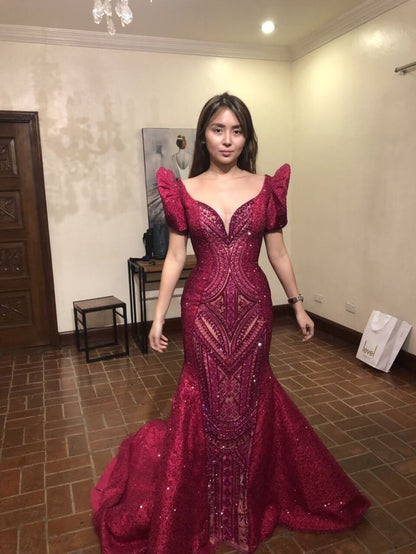 Vintage Burgundy Mermaid Deep V Puff Sleeve Sequin Train Prom Dress  Evening Dress cc4813
