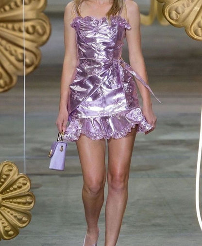 Sweet Purple Flower Embroidery Ruffle Glossy Birthday Party Homecoming Dress cc4116