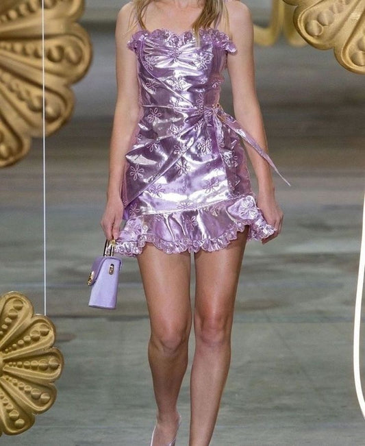 Sweet Purple Flower Embroidery Ruffle Glossy Birthday Party Homecoming Dress cc4116