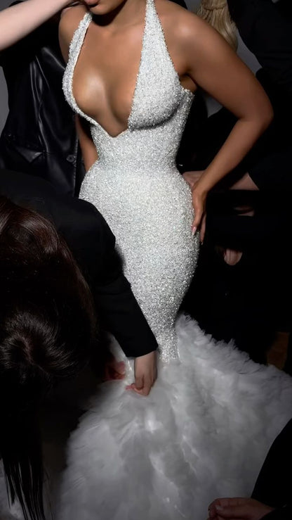 Fantasy White Mermaid Halter Neck Deep V Sequined Train Prom Dress Evening Dress cc4819