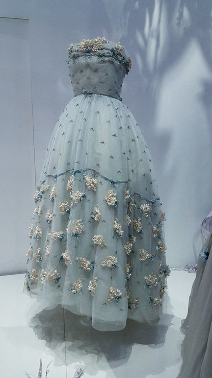 Retro Palace Light Gray Blue Strapless 3D Flower Tulle Ball Gown Evening Dress cc4833