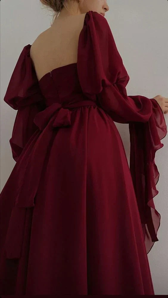 Retro Burgundy Long-sleeve A-Line Long Prom Dress Party Dress Evening Dress HZ1024