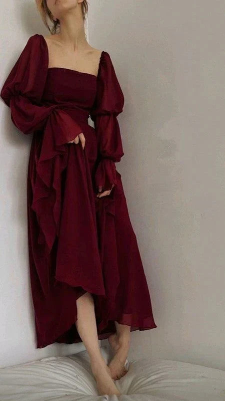 Retro Burgundy Long-sleeve A-Line Long Prom Dress Party Dress Evening Dress HZ1024