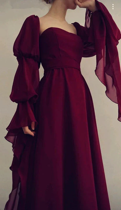 Retro Burgundy Long-sleeve A-Line Long Prom Dress Party Dress Evening Dress HZ1024