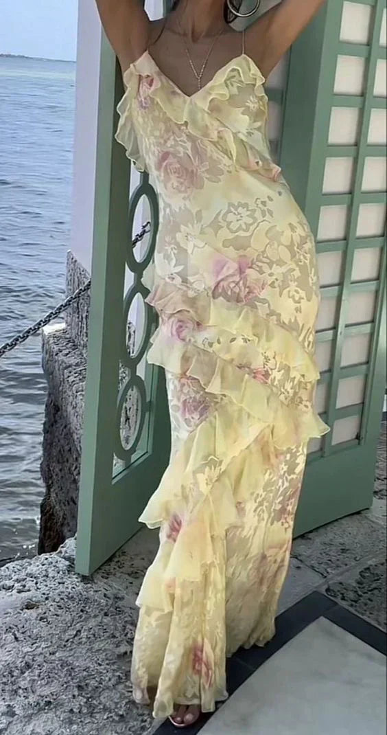 Charming Floral V-neck Spaghetti Strap Ruffle Mermaid Long Prom Dress Party Dress Evening Dress HZ1024