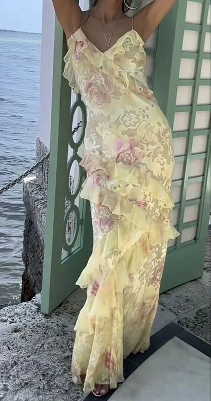 Charming Floral V-neck Spaghetti Strap Ruffle Mermaid Long Prom Dress Party Dress Evening Dress HZ1024