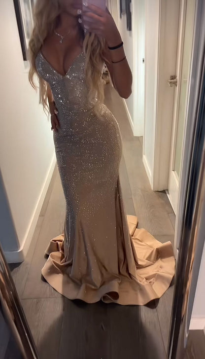 Sparkling Champagne Gold Mermaid V-neck Halter Top With Rhinestone Satin Train Prom Dress Evening Dress cc4852