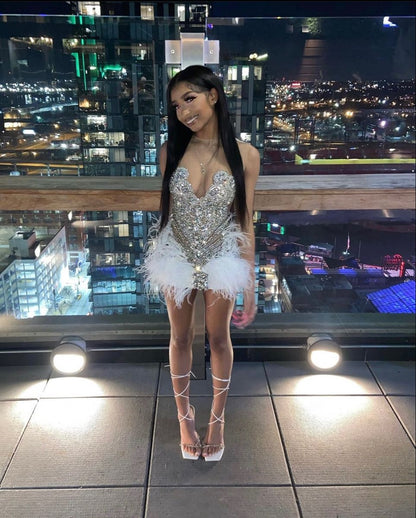 Gorgeous Silver Sleeveless White Feather Rhinestone Slim Fit 16th Birthday Homecoming Dress cc4160