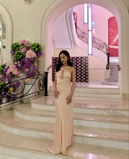 Elegant Pink Mermaid Halter Neck Backless Crisscross Strap Satin Long Prom Dress Evening Dress cc4873
