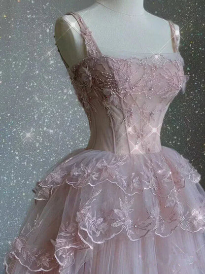Pink Exquisite Beading Long Tulle Ball Gown Evening Dress Party Dress gh4896