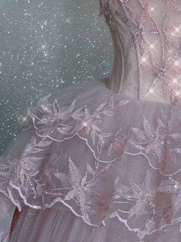Pink Exquisite Beading Long Tulle Ball Gown Evening Dress Party Dress gh4896