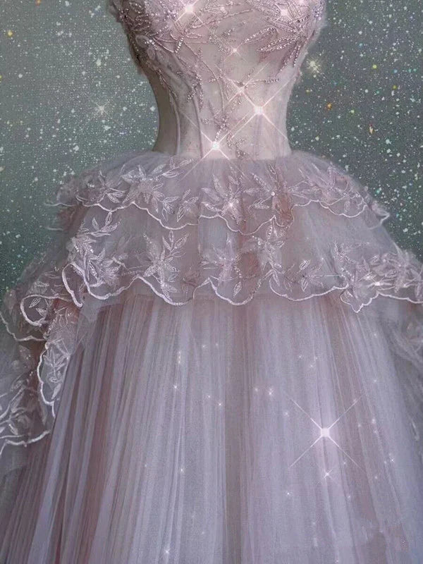 Pink Exquisite Beading Long Tulle Ball Gown Evening Dress Party Dress gh4896