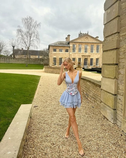 French Palace Light Blue Deep V Embroidered Chiffon A-Line 17th Birthday Homecoming Dress cc4183