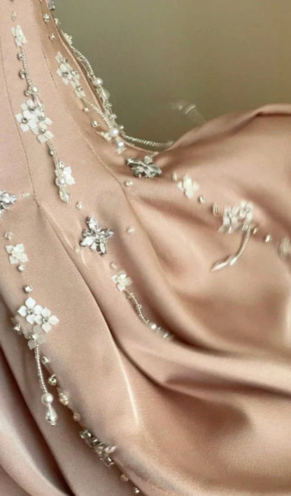 Vintage Pink Square Neck Wide Shoulder Strap Sequin Embroidered Satin Birthday Party Homecoming Dress cc4186