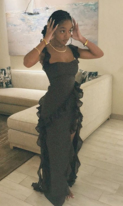Elegant Black Mermaid Square Neck Ruffled Slit Chiffon Long Prom Dress Evening Dress cc4887