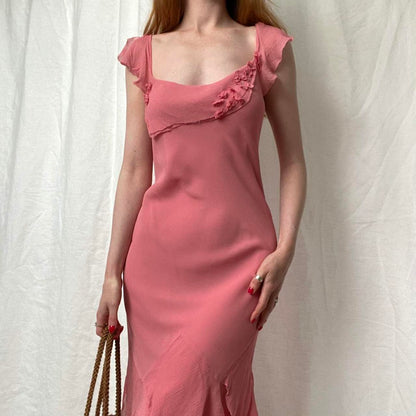 Elegant Pink Mermaid Ruffled Chiffon Long Prom Dress Evening Dress cc4895