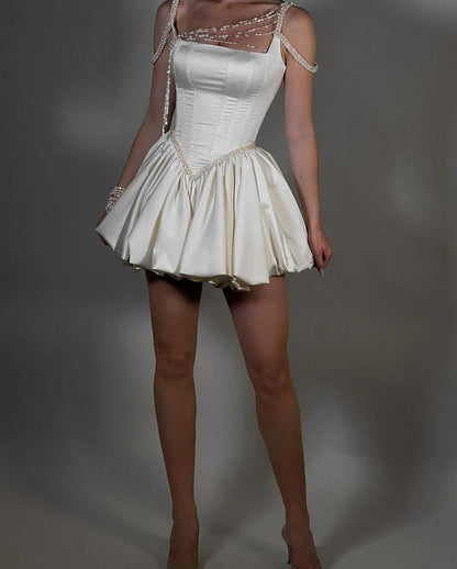 Vintage Ivory Beaded Shoulder Strap Flower Bud 17th Birthday Homecoming Dress cc4001