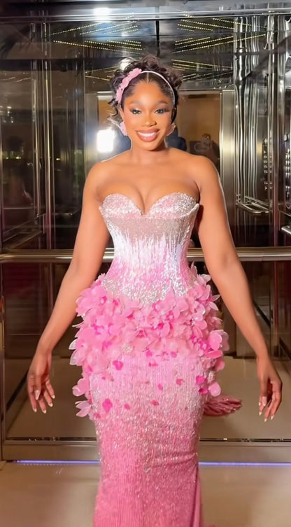 Gorgeous Gradient Pink Mermaid 3D Floral Sequined Long Prom Dress Evening Dress cc4907