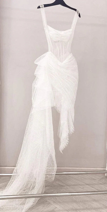 Vintage White Irregular Skirt Hem Sheath Tulle Prom Dress Party Dress Evening Dress HZ1024
