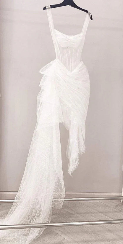 Vintage White Irregular Skirt Hem Sheath Tulle Prom Dress Party Dress Evening Dress HZ1024