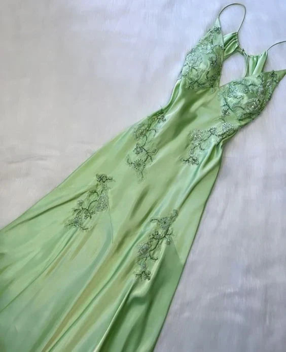 Enchanting V-neck Embroidery Spaghetti Strap Satin Mermaid Prom Dress Evening Dress HZ1024