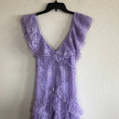 Vintage Lilac A-Line Lace Tiered Prom Dress Party Dress Evening Dress HZ1024