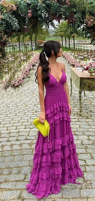 Vintage Fuchsia V-neck Spaghetti Strap A-Line Chiffon Prom Dress Party Dress Evening Dress HZ1024