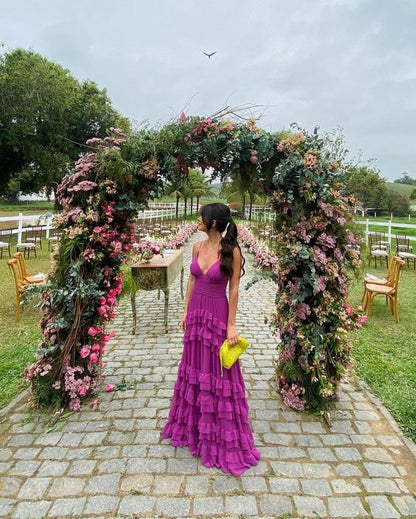 Vintage Fuchsia V-neck Spaghetti Strap A-Line Chiffon Prom Dress Party Dress Evening Dress HZ1024