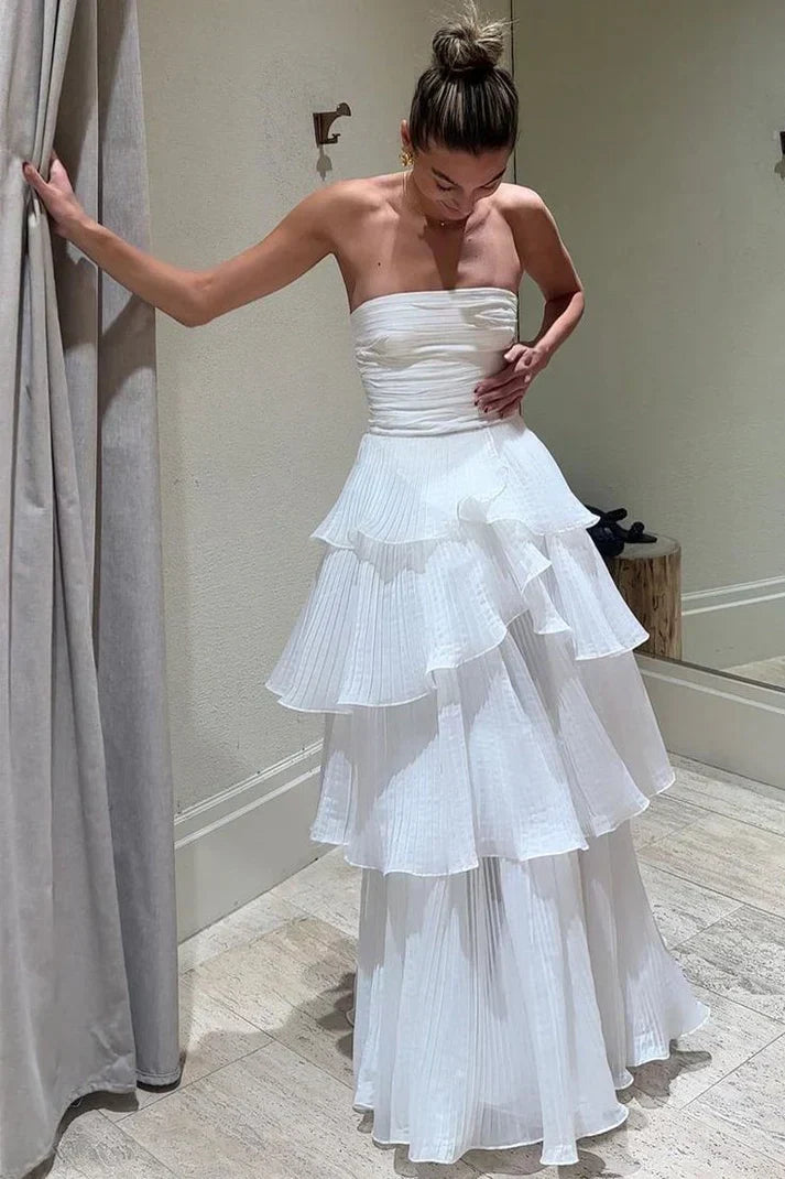 Vintage White Chiffon Strapless A-Line Tiered Prom Dress Party Dress Evening Dress HZ1024