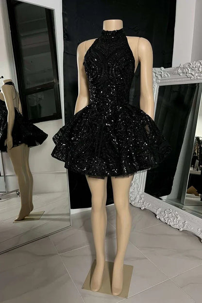 Retro Black Sparkling Sequin Halter Dress Design A-Line Tiered Party Dress Homecoming Dress HZ1024