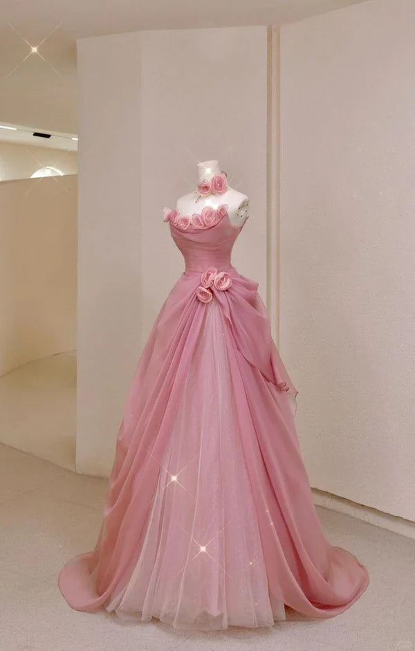 Sweet Pink A-line Strapless 3D Floral Tulle Long Prom Dress Evening Dress cc4932