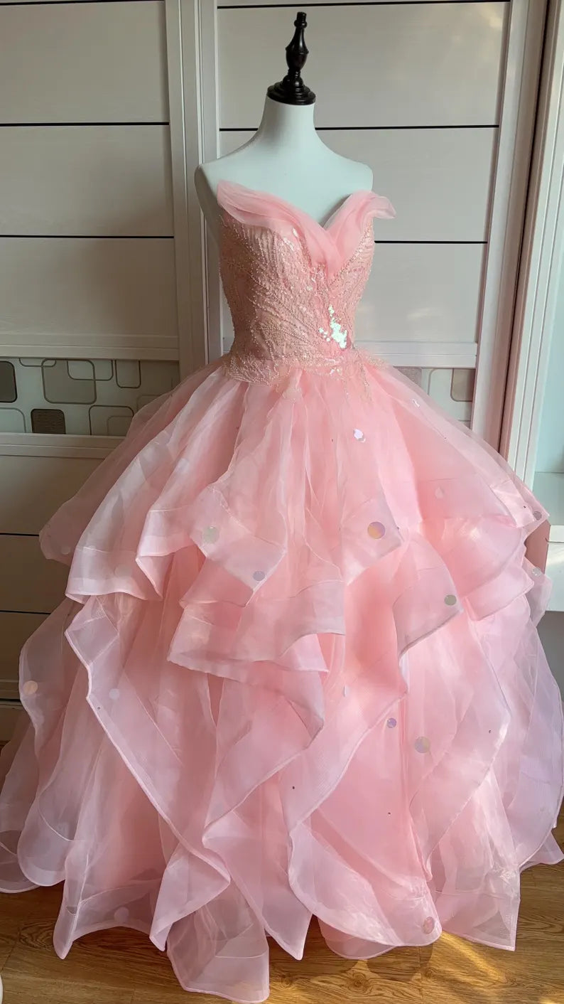 Dreamy Princess Pink Strapless Sequined Beaded Layered Tulle Ball Gown Evening Dress cc4934