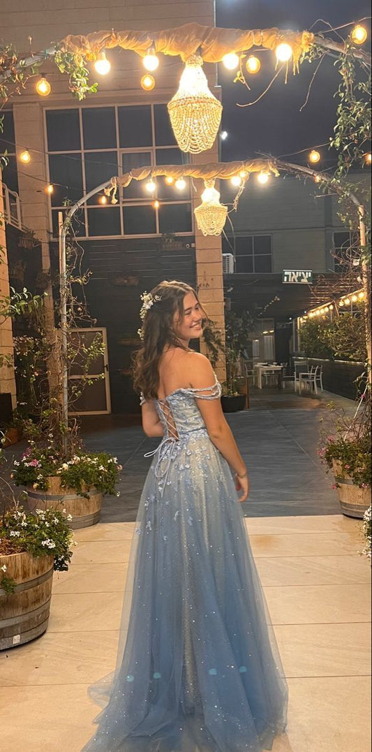Princess Light Blue A-line Off-shoulder Tulle Long Prom Dress Evening Dress cc4952