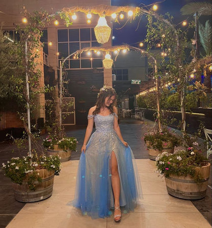 Princess Light Blue A-line Off-shoulder Tulle Long Prom Dress Evening Dress cc4952