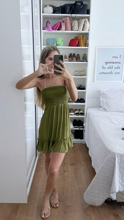 Fresh Olive Green Tube Top Ppleated Waist 17th Birthday Homecoming Dress cc4259