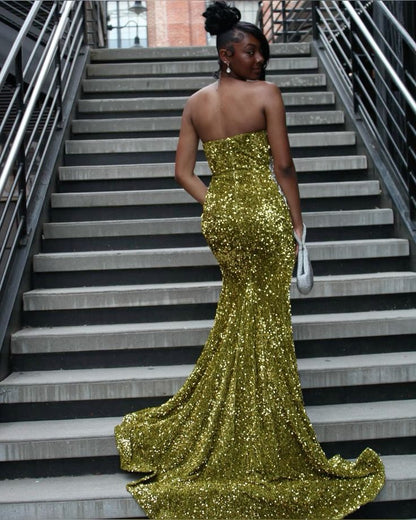 Gorgeous Mermaid Strapless High-slit Beaded Sequined Train Prom Dress Evening Dress cc4960