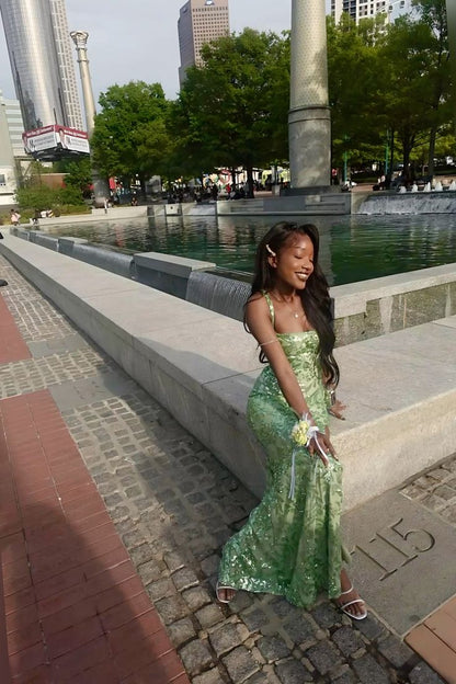 Elegant Light Green Mermaid Square Sequined Long Prom Dress Evening Dress cc4961