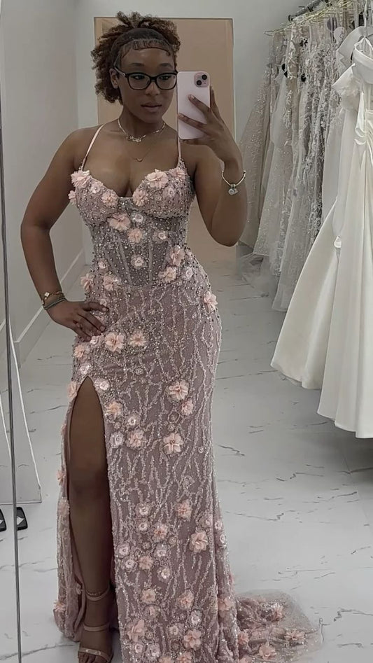 Elegant Pink Mermaid 3D Floral Bead Embroidery Sequin High Slit Long Prom Dress Evening Dress cc4964