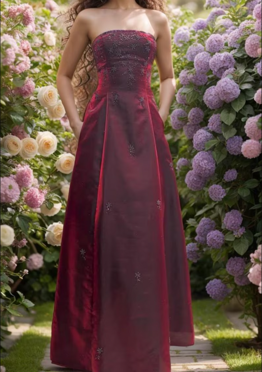 Vintage Burgundy A-line Strapless Tulle Long Prom Dress Evening Dress cc4965