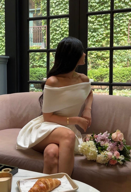 Elegant White Off-the-shoulder Satin A-line 19th Birthday Homecoming Dress cc4267
