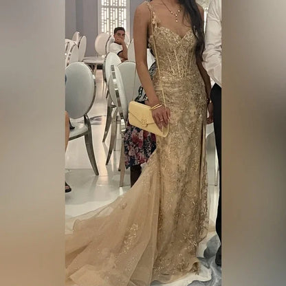 Elegant Champagne Mermaid V-neck Sequin Embroidered Slit Prom Dress Evening Dress cc4968