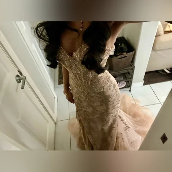 Elegant Champagne Mermaid V-neck Sequin Embroidered Slit Prom Dress Evening Dress cc4968