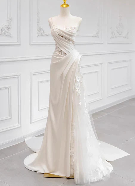 Girlhomeshops-White satin floral lace off-the-shoulder long floor-length wedding dress prom dress gh5393