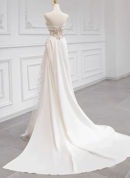 Girlhomeshops-White satin floral lace off-the-shoulder long floor-length wedding dress prom dress gh5393