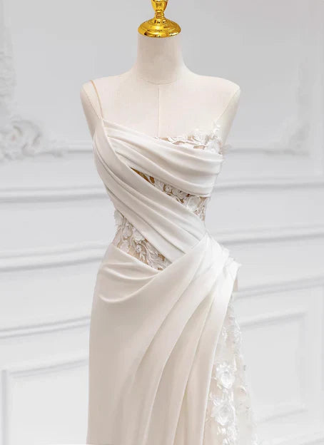 Girlhomeshops-White satin floral lace off-the-shoulder long floor-length wedding dress prom dress gh5393