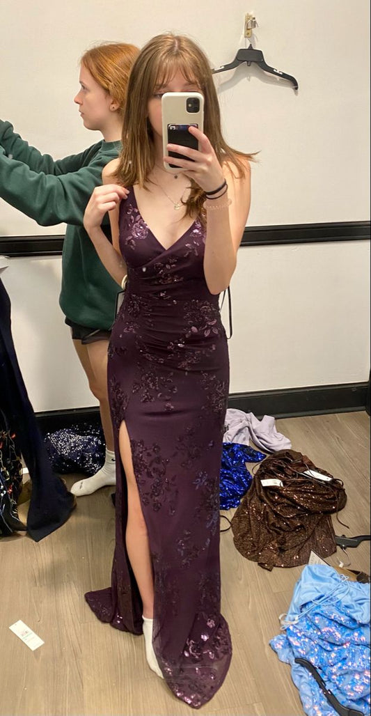 Elegant Deep Purple Mermaid Slit V-neck Strap Back Sequin Long Prom Dress Evening Dress cc4974
