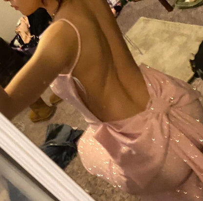 Sexy Pink Mermaid Strappy Back Bow Sequin Long Prom Dress Evening Dress cc4980