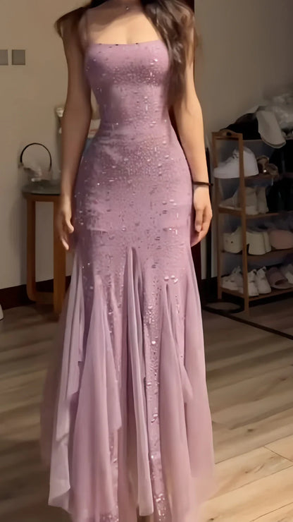 Elegant Purple Mermaid Off-shoulder Strap Sequin Chiffon Long Prom Dress Evening Dress cc4981