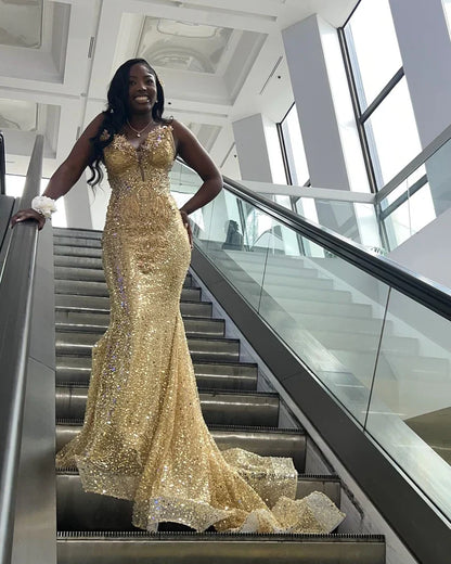 Luxurious And Sparkling Gold Mermaid V-neck Sequined Prom Dress Evening Dress cc5002