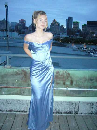 Elegant Blue Mermaid Off-Shoulder Slit Satin Long Prom Dress Evening Dress cc5004
